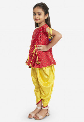 Embroidered Art Silk Top N Dhoti Pant in Red and Yellow