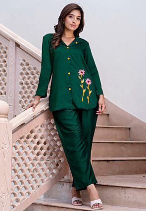 Embroidered Art Silk Top Set in Dark Green