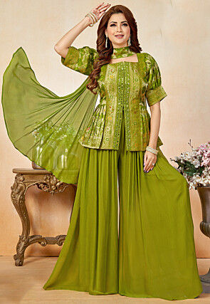 Embroidered Art Silk Top Set in Light Green