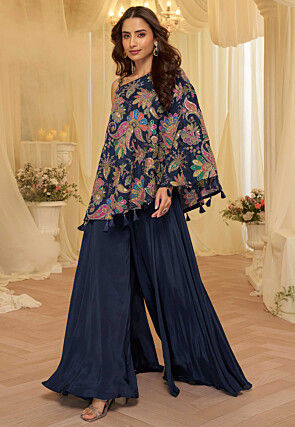 blue indo western dress for women Navy Blue Indo Western Gown with Handwork Belt main image 0