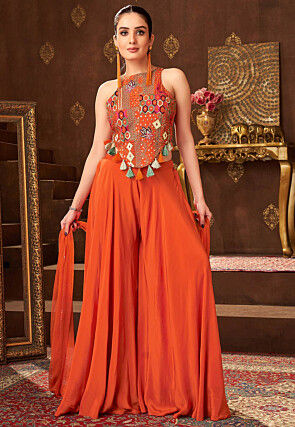 Embroidered Art Silk Top Set in Orange