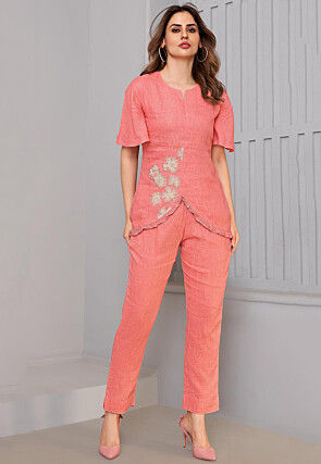 Embroidered Art Silk Top Set in Peach