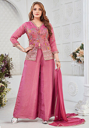 Embroidered Art Silk Top Set in Pink