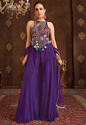 Embroidered Art Silk Top Set in Purple
