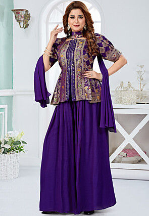 Embroidered Art Silk Top Set in Purple
