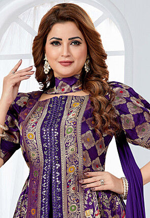 Embroidered Art Silk Top Set in Purple