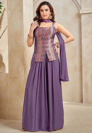 Embroidered Art Silk Top Set in Purple