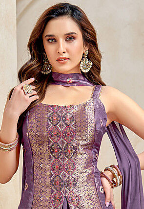 Embroidered Art Silk Top Set in Purple