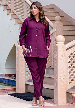 Embroidered Art Silk Top Set in Purple