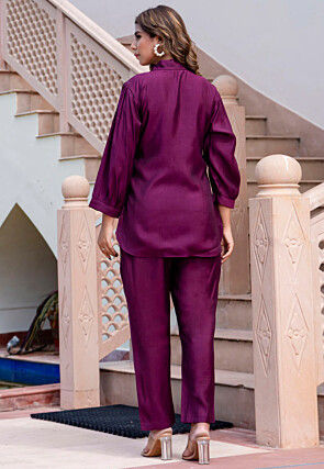 Embroidered Art Silk Top Set in Purple