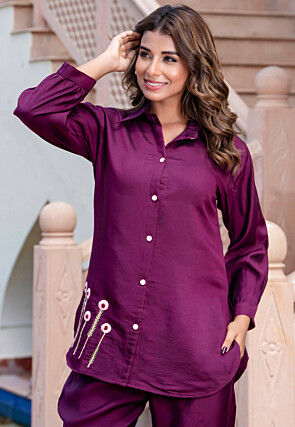Embroidered Art Silk Top Set in Purple