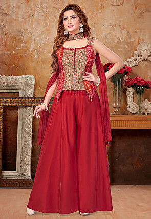 Embroidered Art Silk Top Set in Red