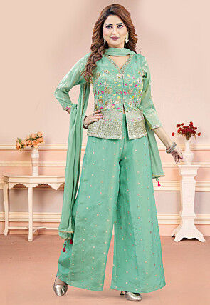 Embroidered Art Silk Top Set in Sea Green
