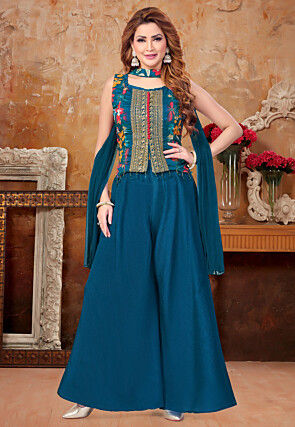 Embroidered Art Silk Top Set in Teal Blue