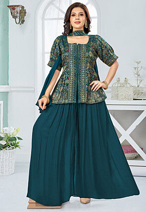 Embroidered Art Silk Top Set in Teal Green