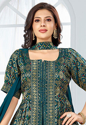Embroidered Art Silk Top Set in Teal Green