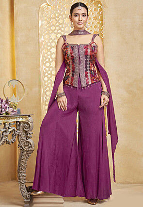 Embroidered Art Silk Top Set in Wine