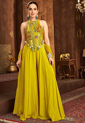 Embroidered Art Silk Top Set in Yellow