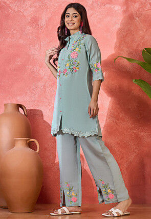 Embroidered Art Silk Tunic Set in Dusty Blue