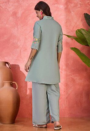 Embroidered Art Silk Tunic Set in Dusty Blue