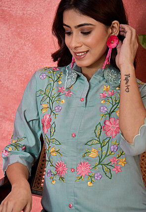 Embroidered Art Silk Tunic Set in Dusty Blue