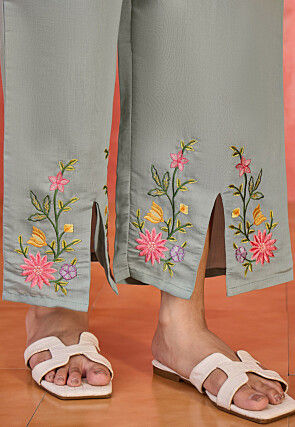Embroidered Art Silk Tunic Set in Dusty Blue