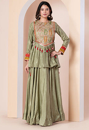 Embroidered Art Silk Tunic Set in Dusty Green