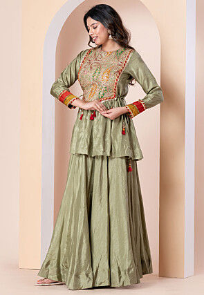 Embroidered Art Silk Tunic Set in Dusty Green