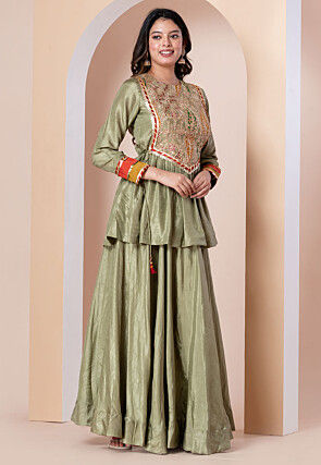 Embroidered Art Silk Tunic Set in Dusty Green
