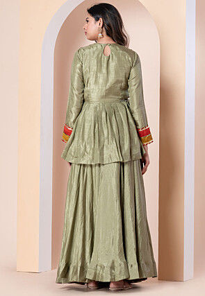 Embroidered Art Silk Tunic Set in Dusty Green