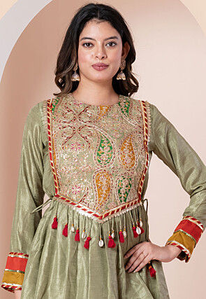 Embroidered Art Silk Tunic Set in Dusty Green