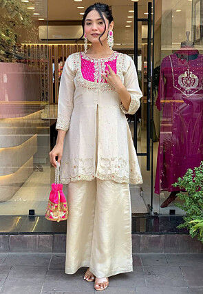 Embroidered Art Silk Tunic Set in Light Beige