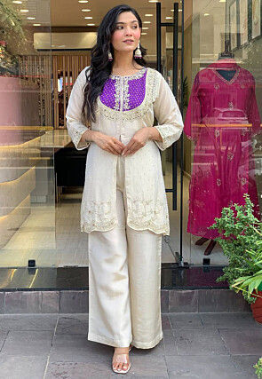 Embroidered Art Silk Tunic Set in Light Beige