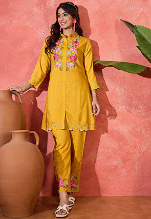 Embroidered Art Silk Tunic Set in Mustard