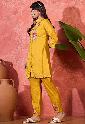 Embroidered Art Silk Tunic Set in Mustard