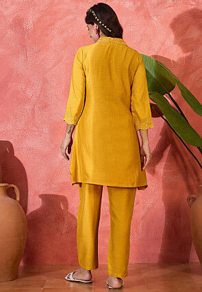 Embroidered Art Silk Tunic Set in Mustard