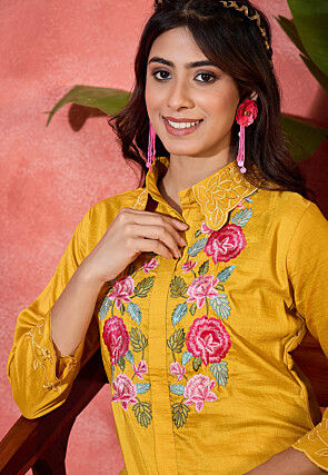 Embroidered Art Silk Tunic Set in Mustard