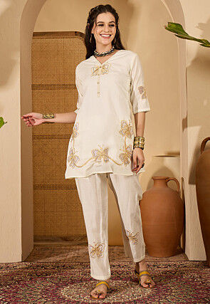 Embroidered Art Silk Tunic Set in Off White
