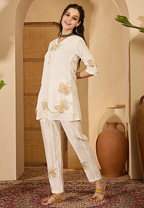 Embroidered Art Silk Tunic Set in Off White