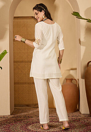 Embroidered Art Silk Tunic Set in Off White