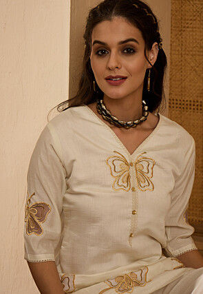Embroidered Art Silk Tunic Set in Off White