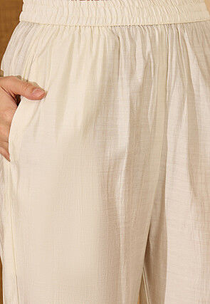 Embroidered Art Silk Tunic Set in Off White