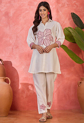 Embroidered Art Silk Tunic Set in Off White