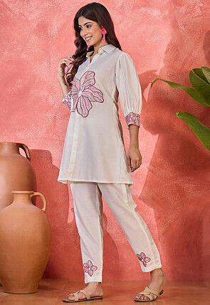 Embroidered Art Silk Tunic Set in Off White