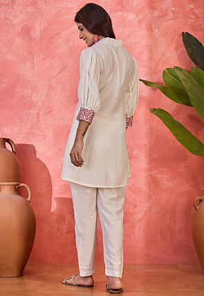 Embroidered Art Silk Tunic Set in Off White