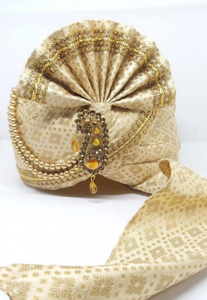 Embroidered Art Silk Turban in Light Beige