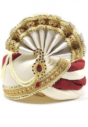 Embroidered Art Silk Turban in Off White and Maroon