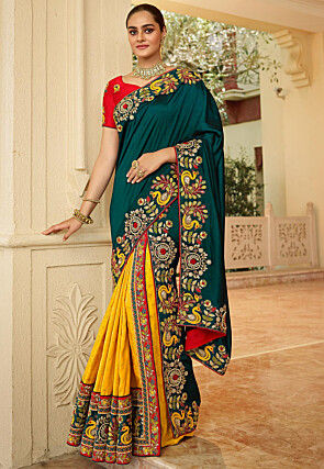 Embroidered Art Silk Two Part Saree in Green and Yellow