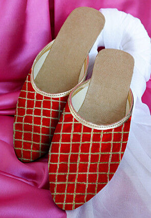 Embroidered Art Silk Women Mules in Red