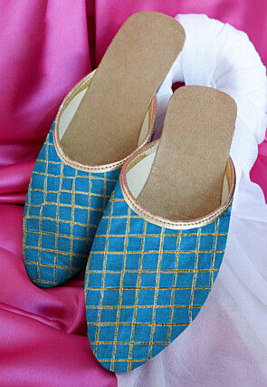 Embroidered Art Silk Women Mules in Turquoise